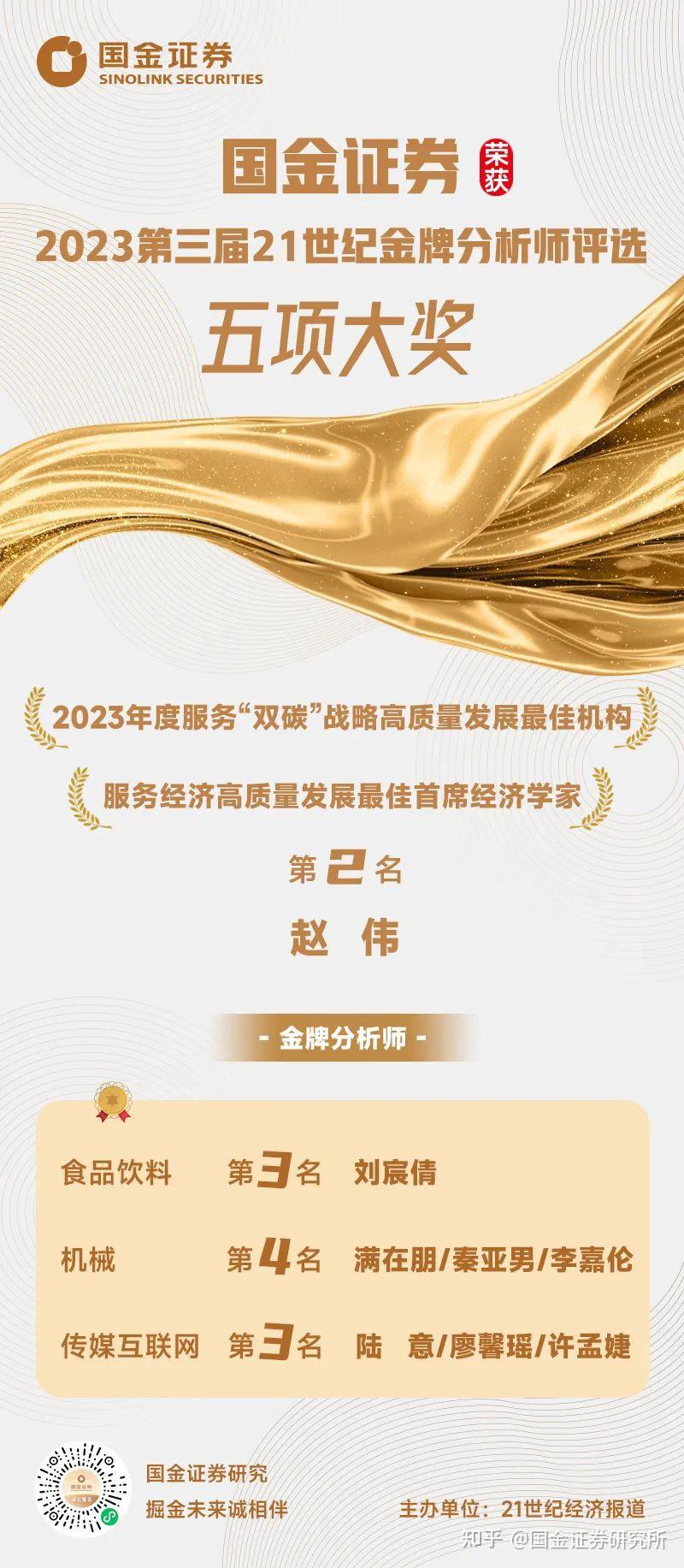 喜报|国金证券荣获2023年第三届21世纪金牌分析师评选5项大奖! - 知乎
