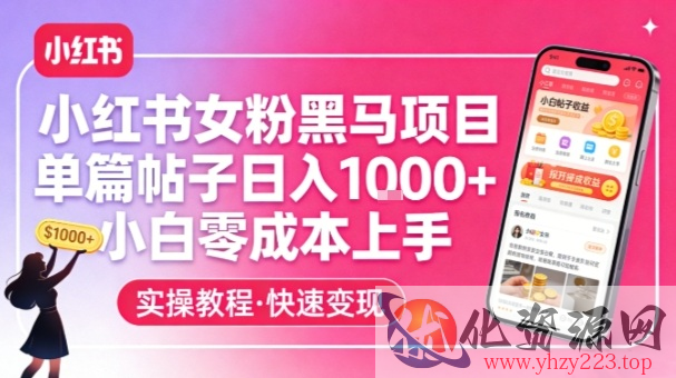 小红书女粉黑马项目，单篇帖子日入1k+，小白零成本上手