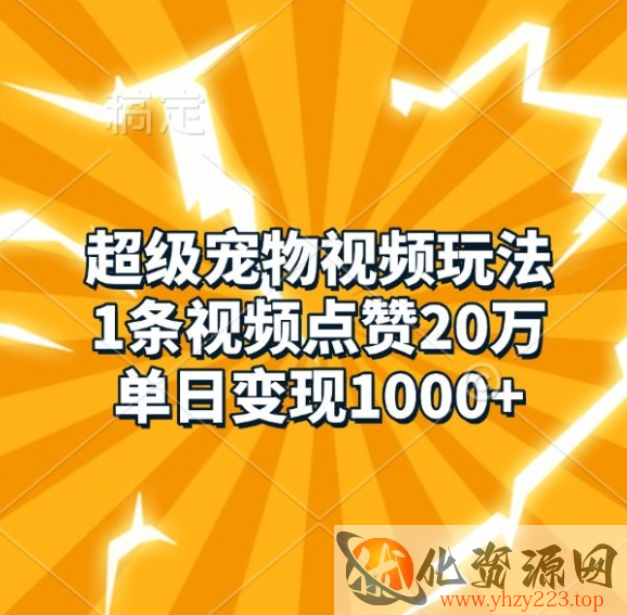 超级宠物视频玩法，1条视频点赞20万，单日变现1k