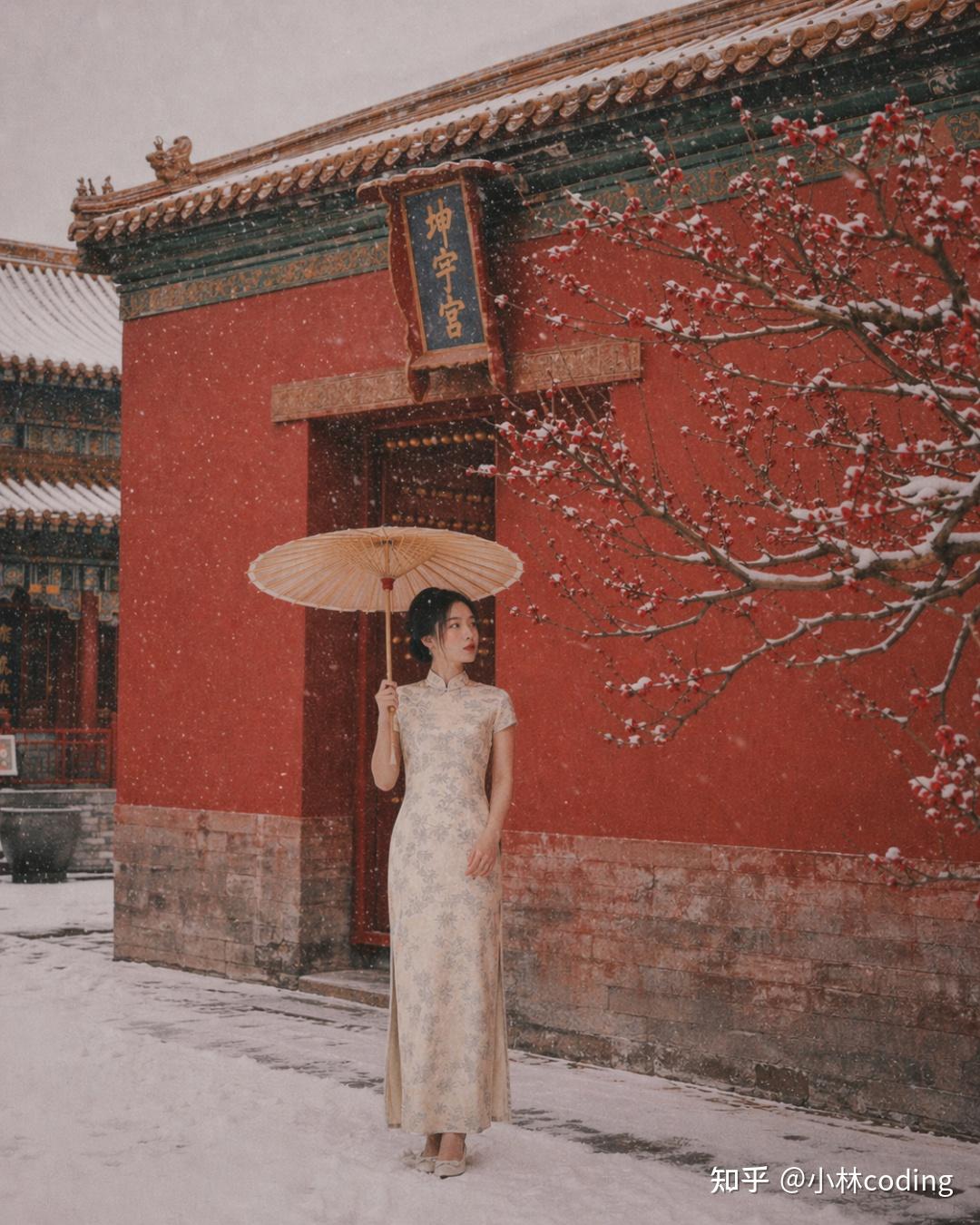 GPT-image-2 生成的雪中故宫旗袍女子胶片风摄影,柯达 Portra 400 色调