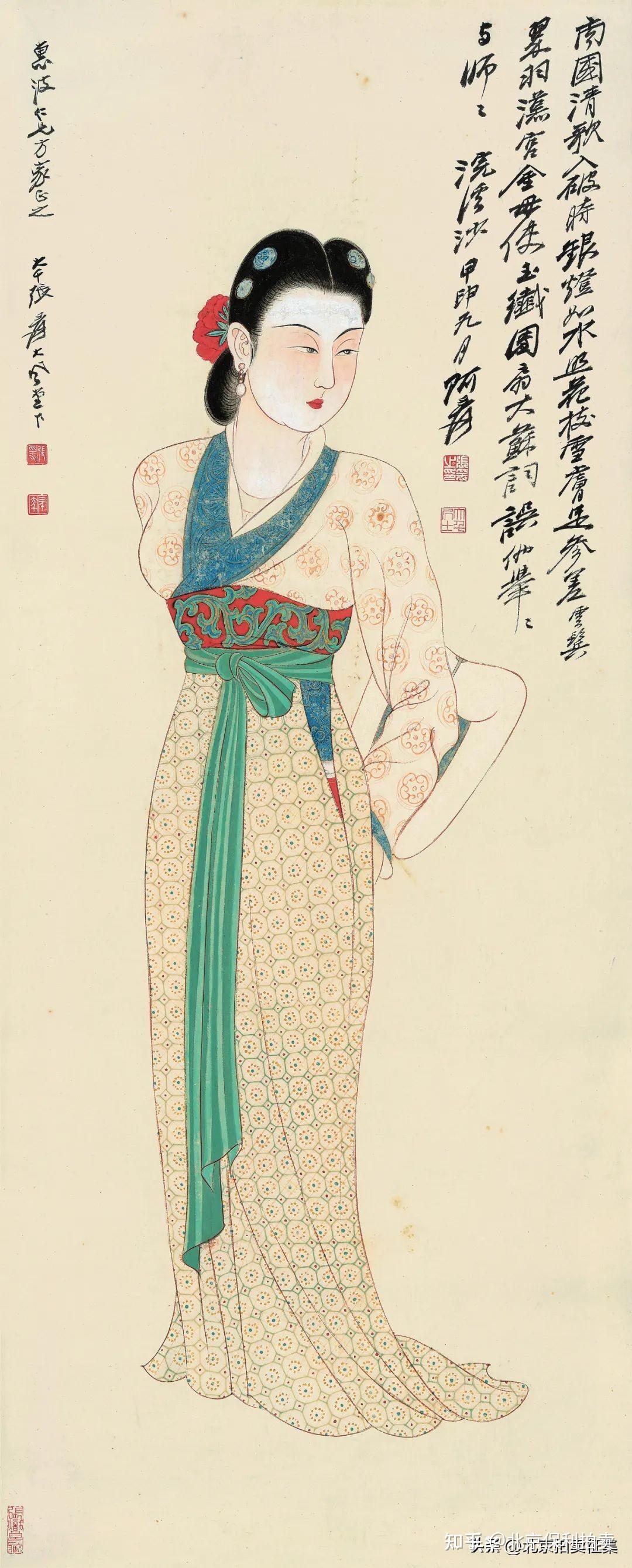 中国古美術・純手描き六尺人物掛軸・国画仕女图・張大千印款・書道・肉筆・書画・宣紙 絵画