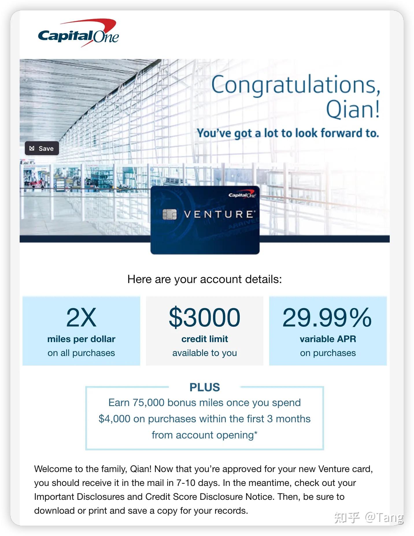 Capital One Venture信用卡申请成功！等值1200美元开户奖励+所有消费双倍积分，等值3%返现- 知乎