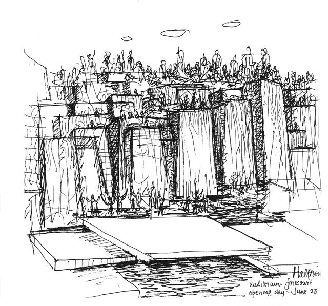 劳伦斯-哈普林于1970年6月在凯勒喷泉的开幕所创作的的速写.