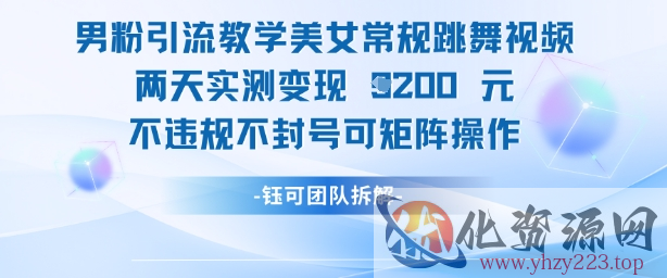 男粉引流教学美女常规跳舞视频两天实测变现1k+，不违规不封号可矩阵操作