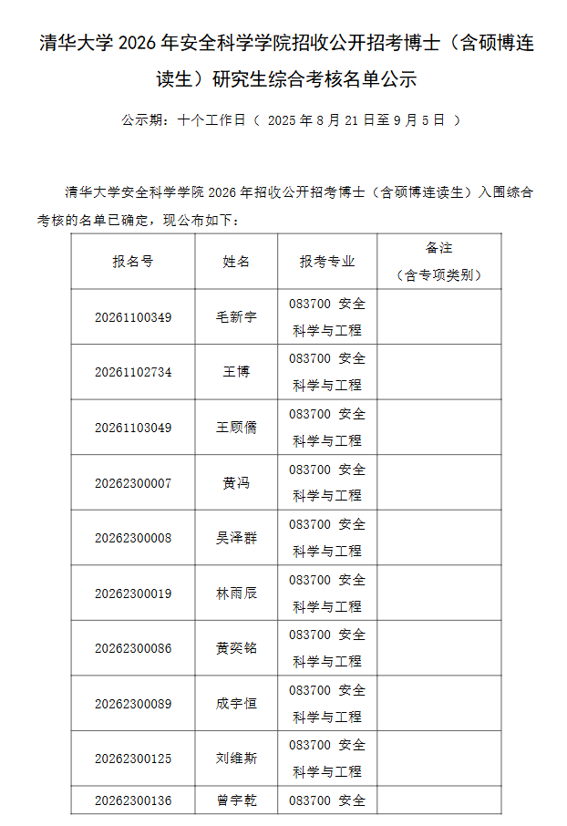 清华大学2026年安全科学学院招收公开招考博士(含硕博连读生)研究生综合考核名单公示 - 知乎