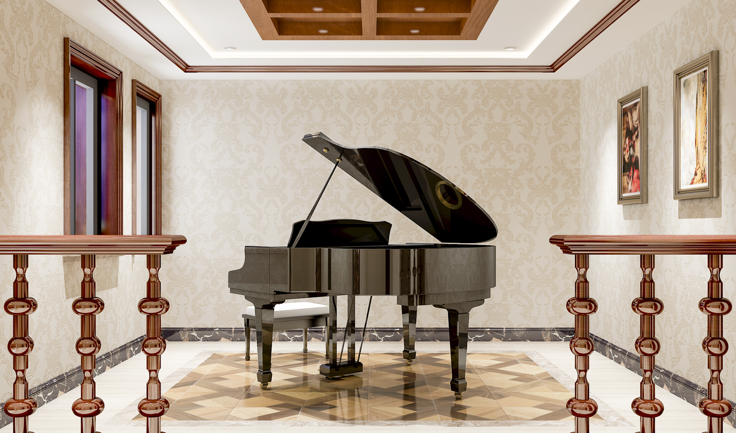 美式清新客厅钢琴室内装修效果图图片素材-编号29045280-图行天下