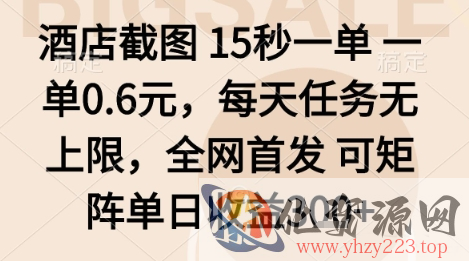 酒店截图项目，15秒一单，一单0.6米，每天任务无上限，全网首发可矩阵单日收益3张+【揭秘】