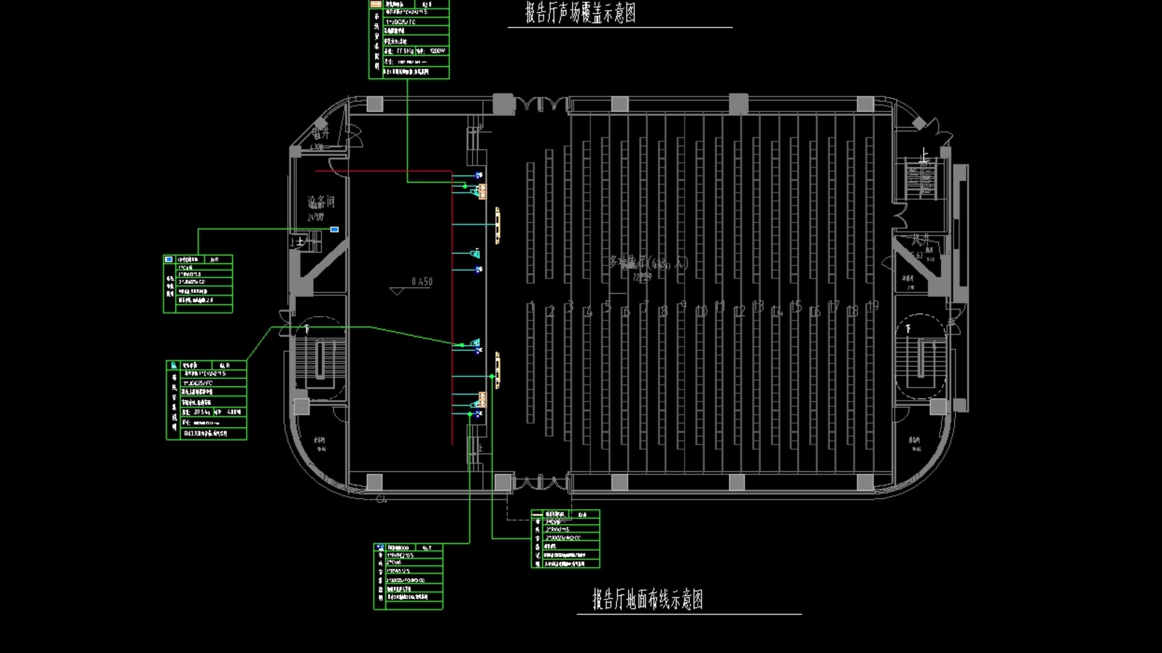 报告厅及会议室音视频系统施工图纸素材,平面图,系统图及图例