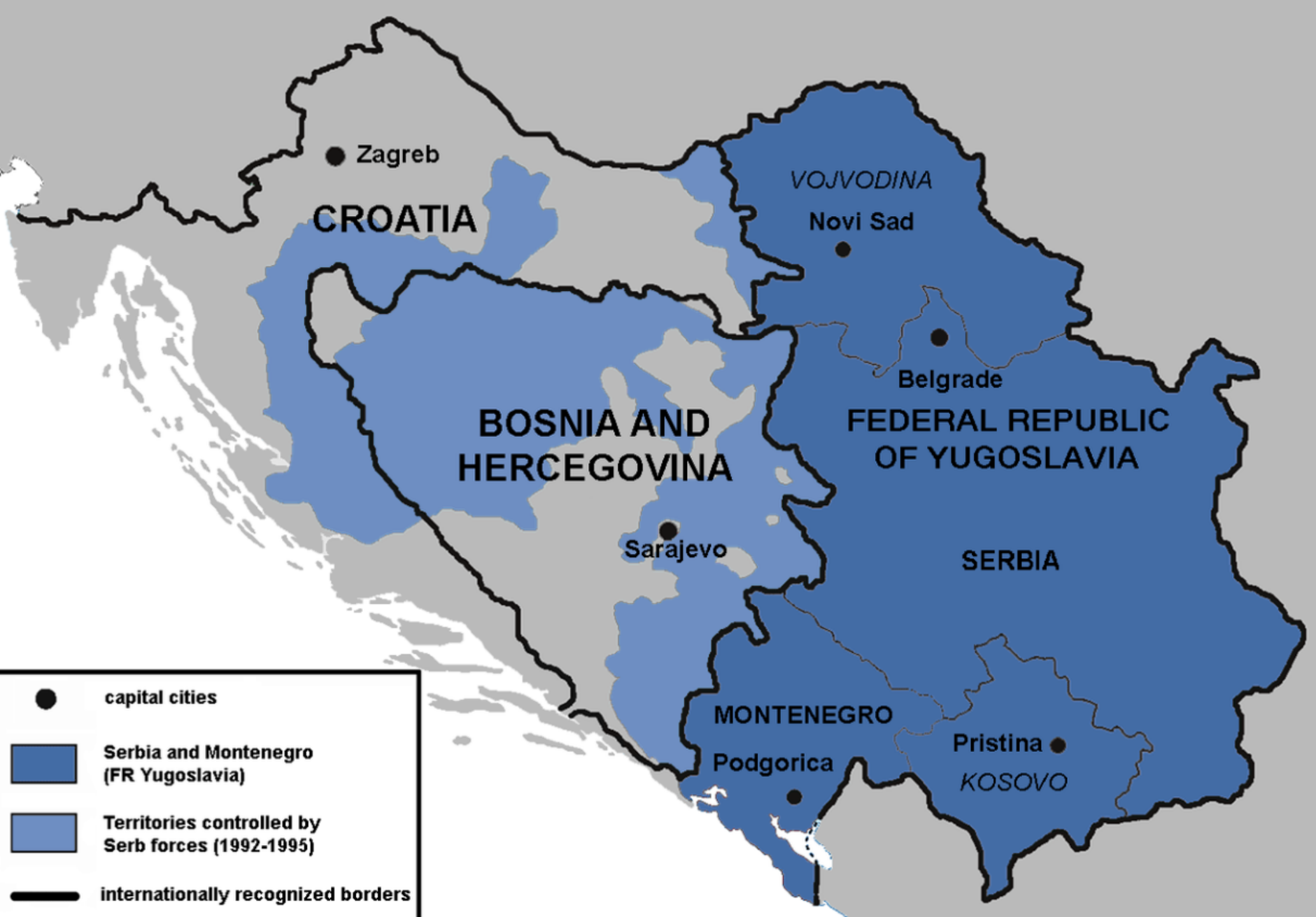 图注:1992 年的塞尔维亚(南斯拉夫联盟)势力图,浅蓝色范围是塞尔维亚