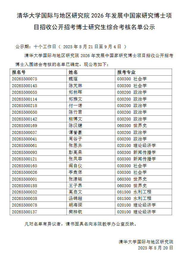 清华大学国际与地区研究院2026年发展中国家研究博士项目招收公开招考博士研究生综合考核名单公示 - 知乎