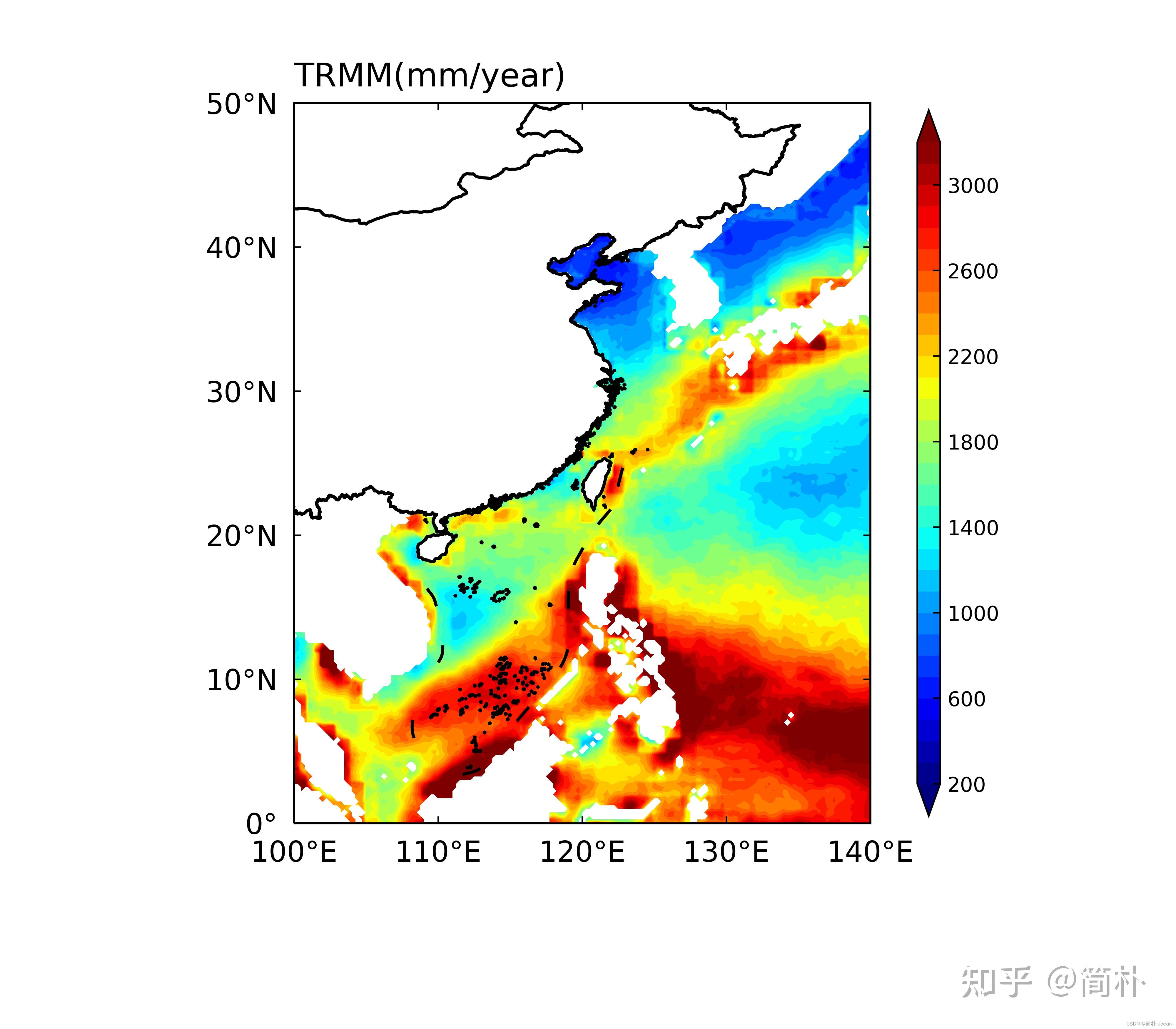 python--读取TRMM-3B43月平均降水绘制气候态空间分布图(陆地区域做掩膜) - 知乎