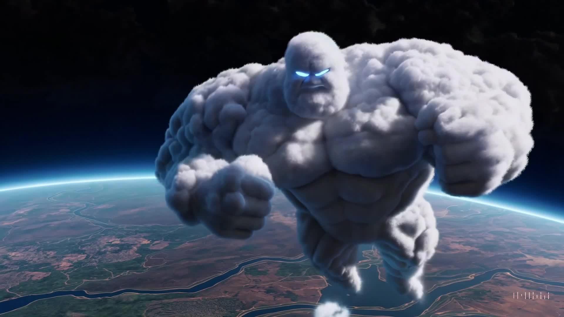 sora官网视频分享一朵巨大高耸的人形云笼罩着大地云人向大地射出闪电