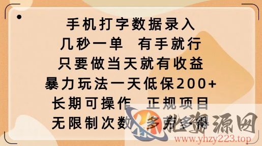 手机打字数据录入，几秒一单，有手就行，只要做当天就有收益，暴力玩法一天低保2张