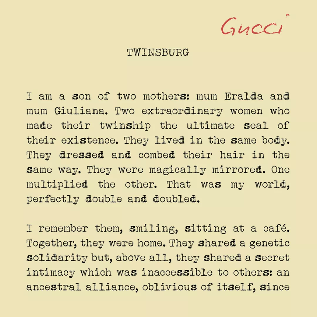 GUCCI 在 2023 春夏 Twinsburg 秀场上找来 68 对双胞胎走秀,有何寓意? - 知乎