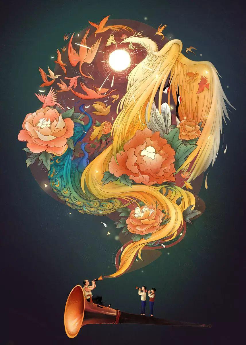 求百鸟朝凤手绘高清壁纸