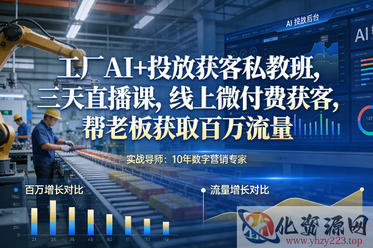 工厂AI+投放获客私教班，三天直播课，线上微付费获客，帮老板获取百万流量