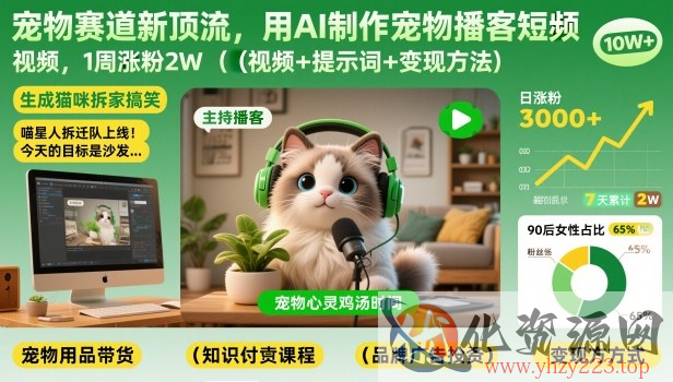 宠物赛道新顶流，用AI制作宠物播客短视频，1周涨粉2W（视频+提示词+变现方法）