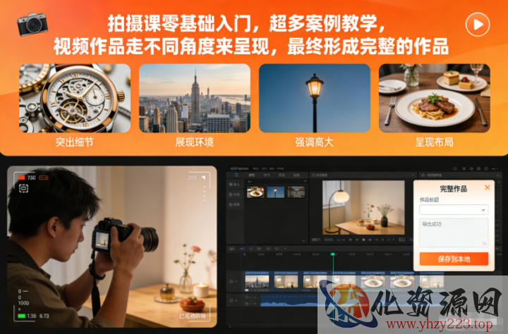 拍摄课零基础入门，超多案例教学，视频作品走不同角度来呈现，最终形成完整的作品