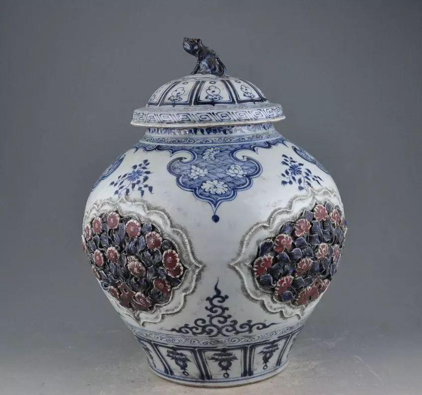 乱世遗珍之元青花釉里红开光贴花盖罐- 知乎