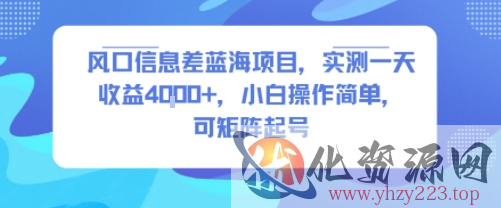 风口信息差蓝海项目，实测一天收益4k+，小白操作简单，可矩阵起号