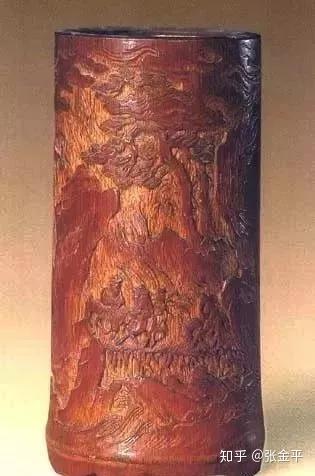 中國筆筒 木雕 中国 古竹細工 桜閣山水彫 筆筒 V 2294