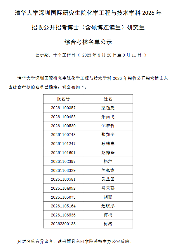 清华大学深圳国际研究生院化学工程与技术学科2026年招收公开招考博士(含硕博连读生)研究生综合考核名单公示 - 知乎