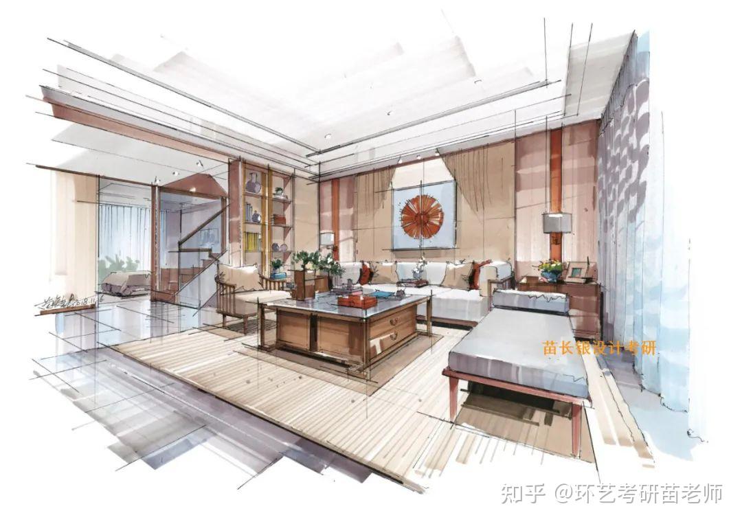 室内手绘 | 中式客厅空间设计表达(线稿+上色) - 知乎